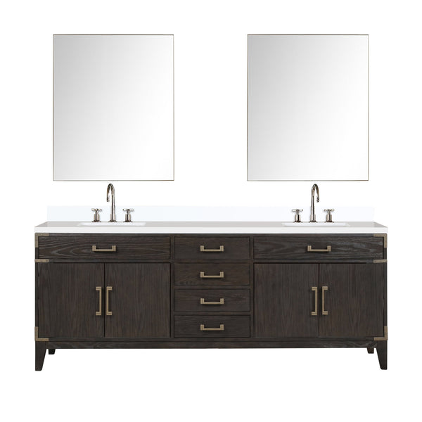 English Elm Brown Oak Double Bath Vanity Set With White Quartz Top, Chrome Faucets & 36" Mirrors For Elegance B2731S01879