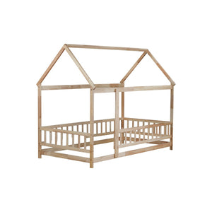 English Elm Twin House Frame Floor Bed Rubberwood with Roof Canopy and Safety Rails for Kids Natural W504P429345