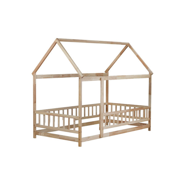English Elm Twin House Frame Floor Bed Rubberwood with Roof Canopy and Safety Rails for Kids Natural W504P429345