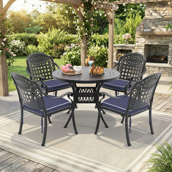 English Elm 5-piece Cast Aluminum Outdoor Dining Set with Ornate Relief Carved Patio Chairs W1710S00616