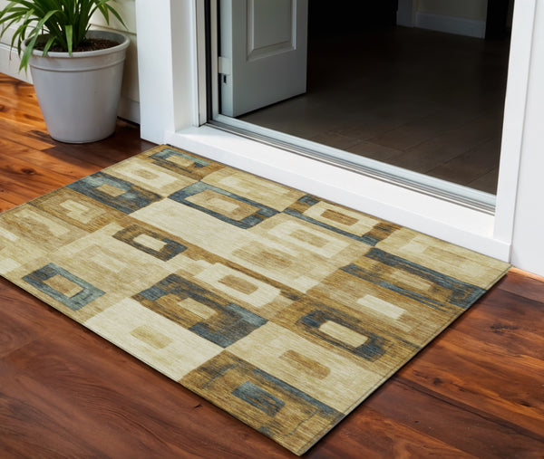 Homeroots 3' Stylish Beige Gold & Denim Blue Geometric Indoor-outdoor Area Rug - Durable, Washable & Versatile 3' X 5' Polyester 605007