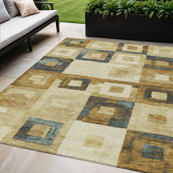 Homeroots 3' Stylish Beige Gold & Denim Blue Geometric Indoor-outdoor Area Rug - Durable, Washable & Versatile 5' X 8' Polyester 605008