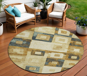 Homeroots 3' Stylish Beige Gold & Denim Blue Geometric Indoor-outdoor Area Rug - Durable, Washable & Versatile 8' Round Polyester 605009