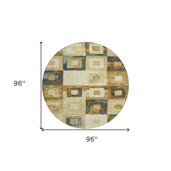 Homeroots 3' Stylish Beige Gold & Denim Blue Geometric Indoor-outdoor Area Rug - Durable, Washable & Versatile 8' Round Polyester 605009