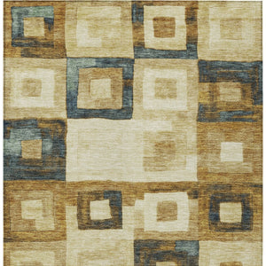 Homeroots 3' Stylish Beige Gold & Denim Blue Geometric Indoor-outdoor Area Rug - Durable, Washable & Versatile 8' X 10' Polyester 605010