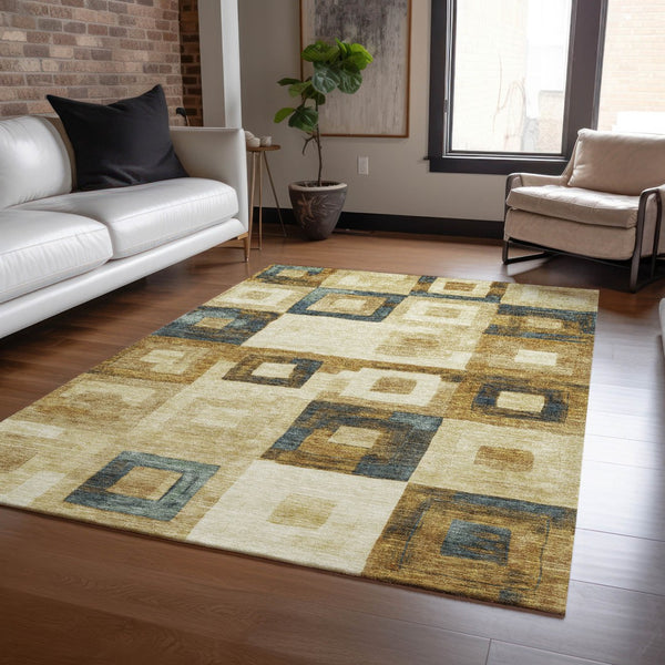 Homeroots 3' Stylish Beige Gold & Denim Blue Geometric Indoor-outdoor Area Rug - Durable, Washable & Versatile 8' X 10' Polyester 605010
