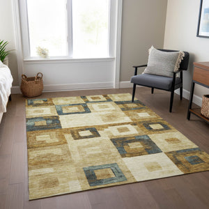 Homeroots 3' Stylish Beige Gold & Denim Blue Geometric Indoor-outdoor Area Rug - Durable, Washable & Versatile 8' X 10' Polyester 605010