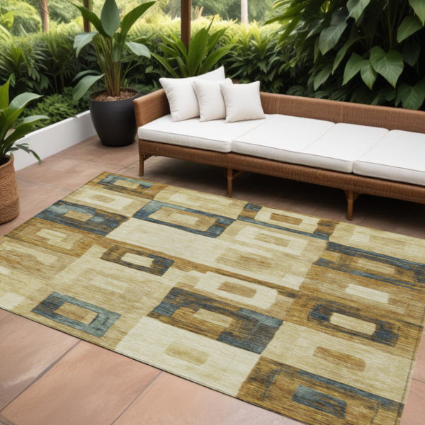 Homeroots 3' Stylish Beige Gold & Denim Blue Geometric Indoor-outdoor Area Rug - Durable, Washable & Versatile 9' X 12' Polyester 605011