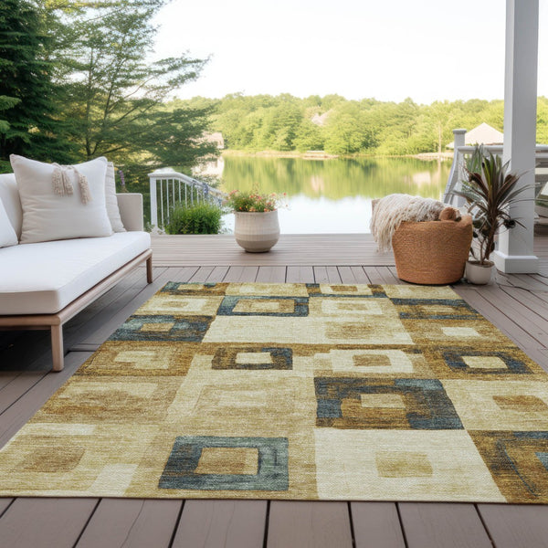 Homeroots 3' Stylish Beige Gold & Denim Blue Geometric Indoor-outdoor Area Rug - Durable, Washable & Versatile 10' X 14' Polyester 605012