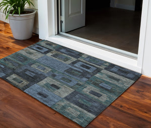 Homeroots 3' Stylish Beige Gold & Denim Blue Geometric Indoor-outdoor Area Rug - Durable, Washable & Versatile 3' X 5' Polyester 605019