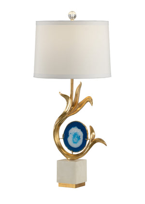 Wildwood Zulli Agate Lamp With Blue Veining And Gold Leaf Finish — Off-White Silk Shade, Rustic Modern Elegance 60502