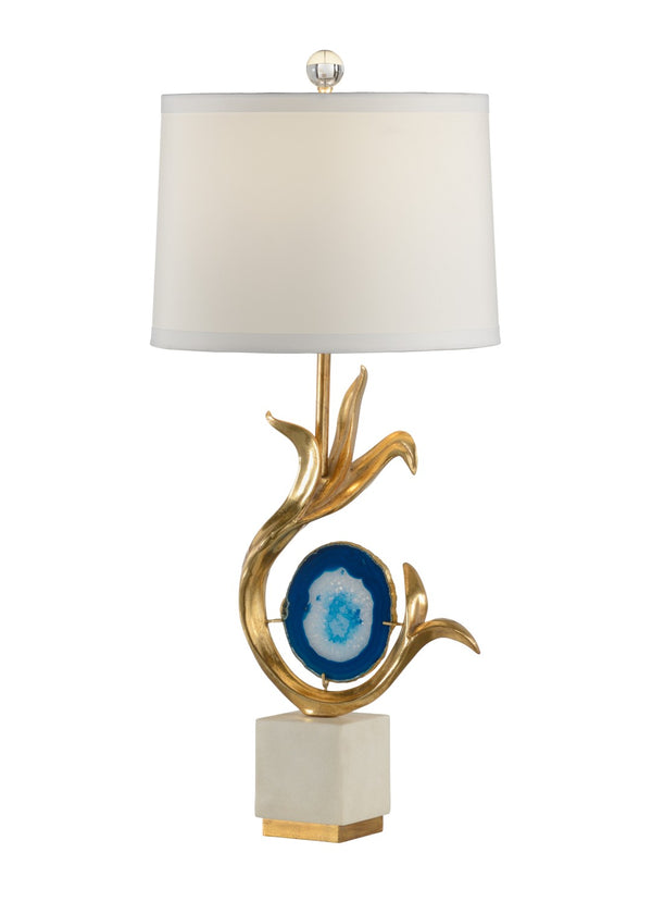 Wildwood Zulli Agate Lamp With Blue Veining And Gold Leaf Finish — Off-White Silk Shade, Rustic Modern Elegance 60502