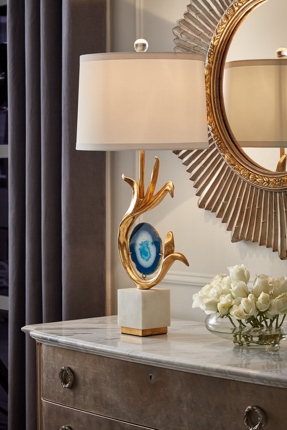 Wildwood Zulli Agate Lamp With Blue Veining And Gold Leaf Finish — Off-White Silk Shade, Rustic Modern Elegance 60502