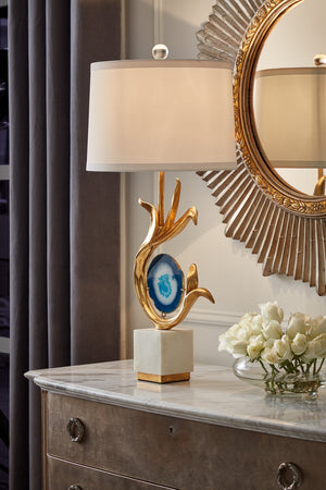 Wildwood Zulli Agate Lamp With Blue Veining And Gold Leaf Finish — Off-White Silk Shade, Rustic Modern Elegance 60502