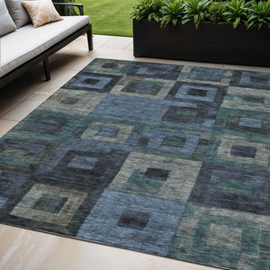 Homeroots 3' Stylish Beige Gold & Denim Blue Geometric Indoor-outdoor Area Rug - Durable, Washable & Versatile 5' X 8' Polyester 605020