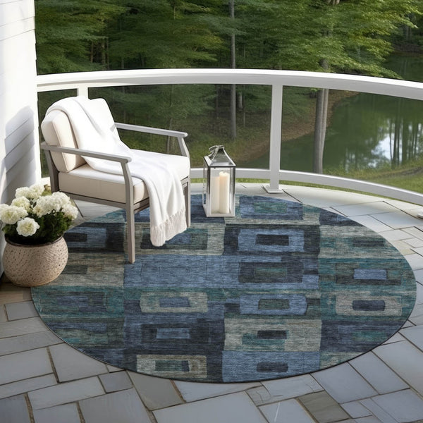 Homeroots 3' Stylish Beige Gold & Denim Blue Geometric Indoor-outdoor Area Rug - Durable, Washable & Versatile 8' Round Polyester 605021