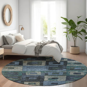 Homeroots 3' Stylish Beige Gold & Denim Blue Geometric Indoor-outdoor Area Rug - Durable, Washable & Versatile 8' Round Polyester 605021