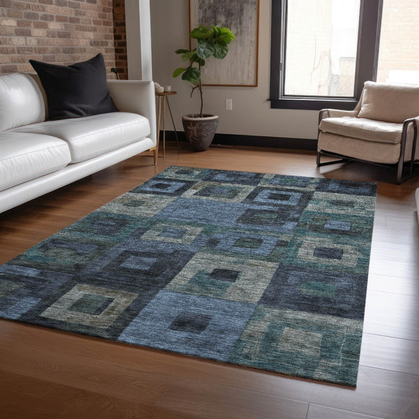Homeroots 3' Stylish Beige Gold & Denim Blue Geometric Indoor-outdoor Area Rug - Durable, Washable & Versatile 8' X 10' Polyester 605022