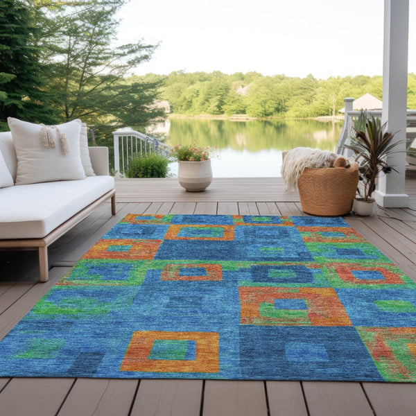 Homeroots 3' Stylish Beige Gold & Denim Blue Geometric Indoor-outdoor Area Rug - Durable, Washable & Versatile 3' X 5' Polyester 605025