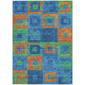 Homeroots 3' Stylish Beige Gold & Denim Blue Geometric Indoor-outdoor Area Rug - Durable, Washable & Versatile 5' X 8' Polyester 605026