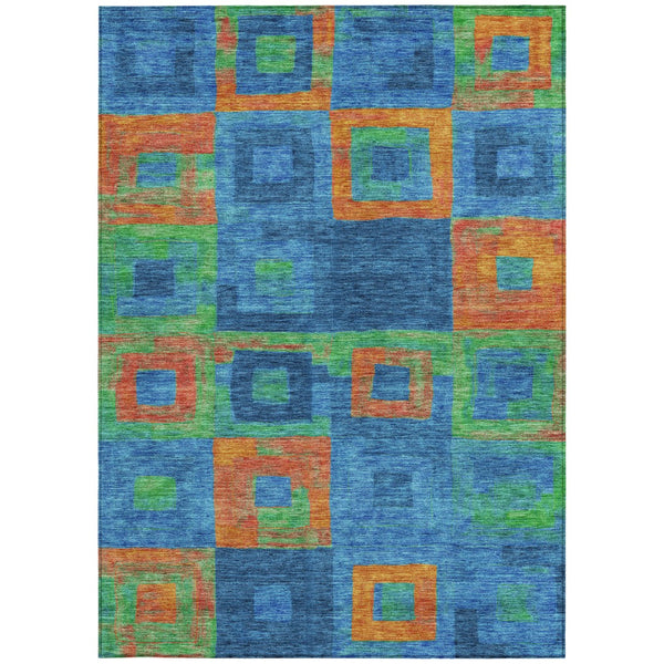 Homeroots 3' Stylish Beige Gold & Denim Blue Geometric Indoor-outdoor Area Rug - Durable, Washable & Versatile 5' X 8' Polyester 605026