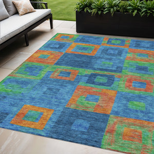Homeroots 3' Stylish Beige Gold & Denim Blue Geometric Indoor-outdoor Area Rug - Durable, Washable & Versatile 5' X 8' Polyester 605026