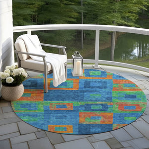 Homeroots 3' Stylish Beige Gold & Denim Blue Geometric Indoor-outdoor Area Rug - Durable, Washable & Versatile 8' Round Polyester 605027