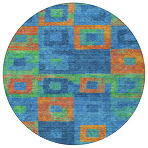 Homeroots 3' Stylish Beige Gold & Denim Blue Geometric Indoor-outdoor Area Rug - Durable, Washable & Versatile 8' Round Polyester 605027