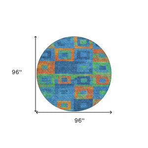 Homeroots 3' Stylish Beige Gold & Denim Blue Geometric Indoor-outdoor Area Rug - Durable, Washable & Versatile 8' Round Polyester 605027