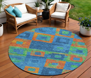 Homeroots 3' Stylish Beige Gold & Denim Blue Geometric Indoor-outdoor Area Rug - Durable, Washable & Versatile 8' Round Polyester 605027