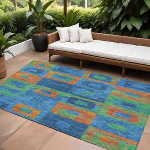 Homeroots 3' Stylish Beige Gold & Denim Blue Geometric Indoor-outdoor Area Rug - Durable, Washable & Versatile 8' X 10' Polyester 605028