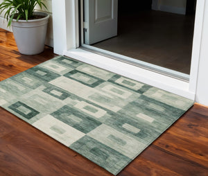 Homeroots 3' Stylish Beige Gold & Denim Blue Geometric Indoor-outdoor Area Rug - Durable, Washable & Versatile 3' X 5' Polyester 605031