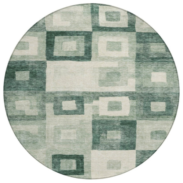 HomeRoots 5' Geometric Green and Ivory Indoor Outdoor Area Rug - Stylish, Washable, Durable for High Traffic Areas 8' Round 605033