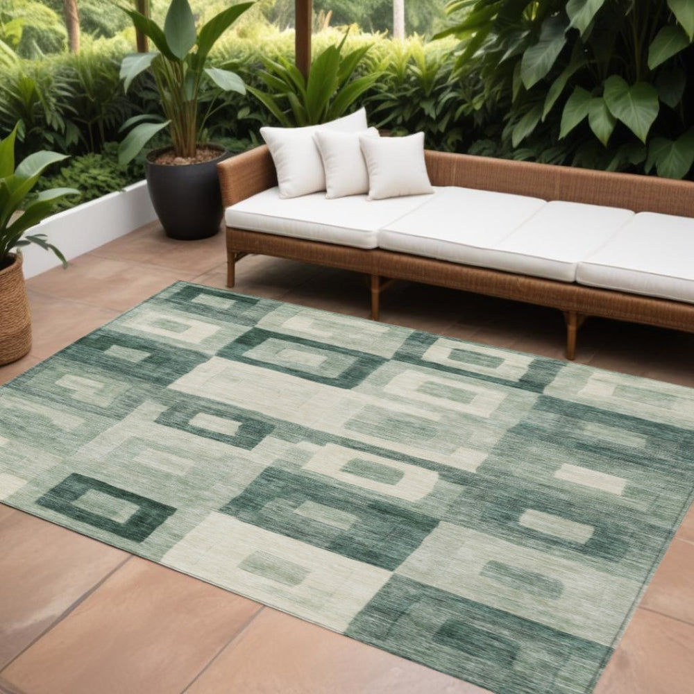 HomeRoots 9' X 12' Green and Ivory Geometric Washable Rug - Stylish, Durable Indoor/Outdoor Solution for All Spaces 605035