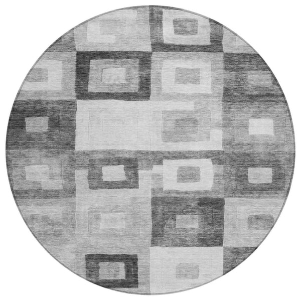 HomeRoots 5' Gray and Charcoal Geometric Washable Area Rug - Durable, Stylish for Indoor and Outdoor Spaces 8' Round 605039