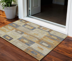 Homeroots 3' Stylish Beige Gold & Denim Blue Geometric Indoor-outdoor Area Rug - Durable, Washable & Versatile 3' X 5' Polyester 605043