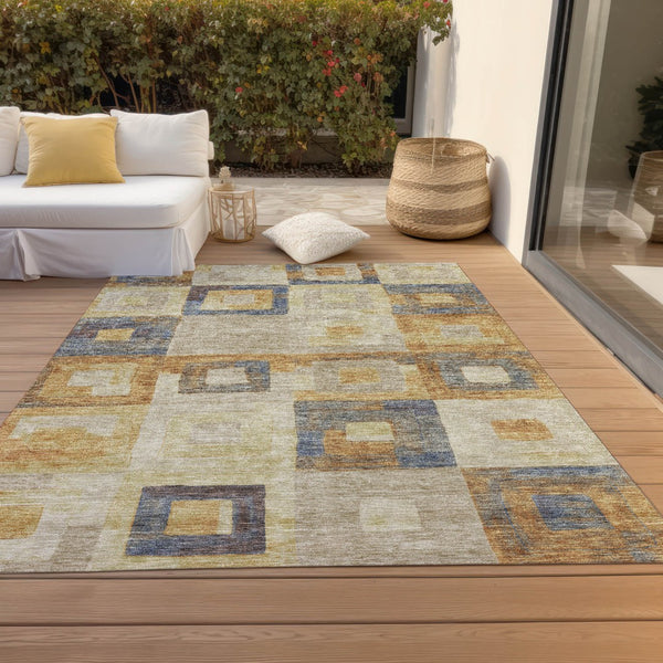Homeroots 3' Stylish Beige Gold & Denim Blue Geometric Indoor-outdoor Area Rug - Durable, Washable & Versatile 3' X 5' Polyester 605043