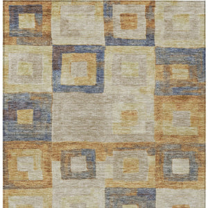 Homeroots 3' Stylish Beige Gold & Denim Blue Geometric Indoor-outdoor Area Rug - Durable, Washable & Versatile 5' X 8' Polyester 605044