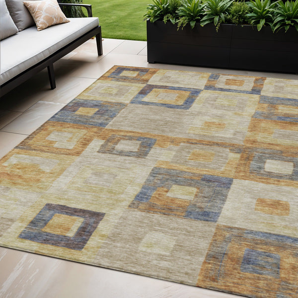 Homeroots 3' Stylish Beige Gold & Denim Blue Geometric Indoor-outdoor Area Rug - Durable, Washable & Versatile 5' X 8' Polyester 605044