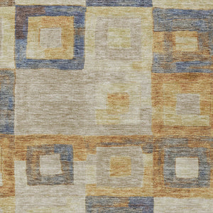 Homeroots 3' Stylish Beige Gold & Denim Blue Geometric Indoor-outdoor Area Rug - Durable, Washable & Versatile 5' X 8' Polyester 605044