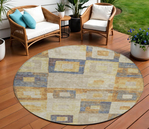 Homeroots 3' Stylish Beige Gold & Denim Blue Geometric Indoor-outdoor Area Rug - Durable, Washable & Versatile 8' Round Polyester 605045