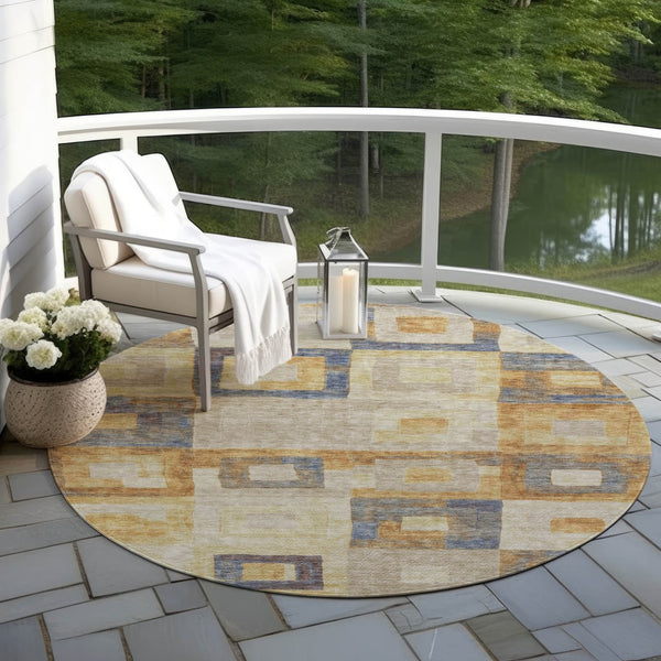 Homeroots 3' Stylish Beige Gold & Denim Blue Geometric Indoor-outdoor Area Rug - Durable, Washable & Versatile 8' Round Polyester 605045