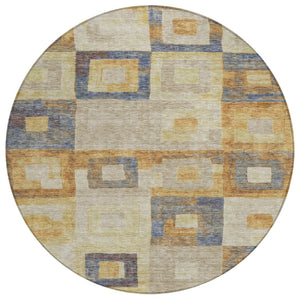 HomeRoots 5' Stylish Linen Blue & Copper Geometric Area Rug – Durable, Washable for Indoor & Outdoor Use 8' Round 605045