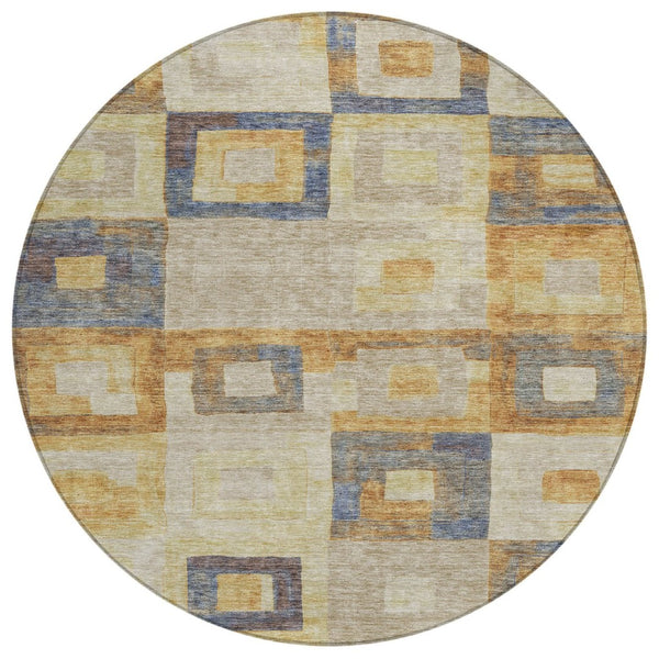 HomeRoots 5' Stylish Linen Blue & Copper Geometric Area Rug – Durable, Washable for Indoor & Outdoor Use 8' Round 605045