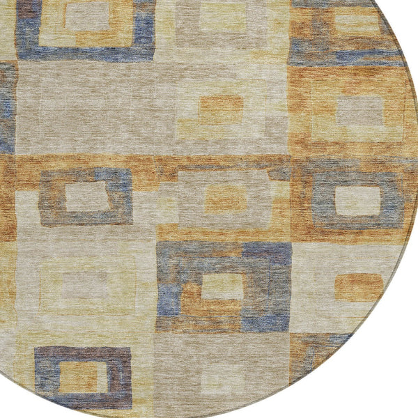 Homeroots 3' Stylish Beige Gold & Denim Blue Geometric Indoor-outdoor Area Rug - Durable, Washable & Versatile 8' Round Polyester 605045