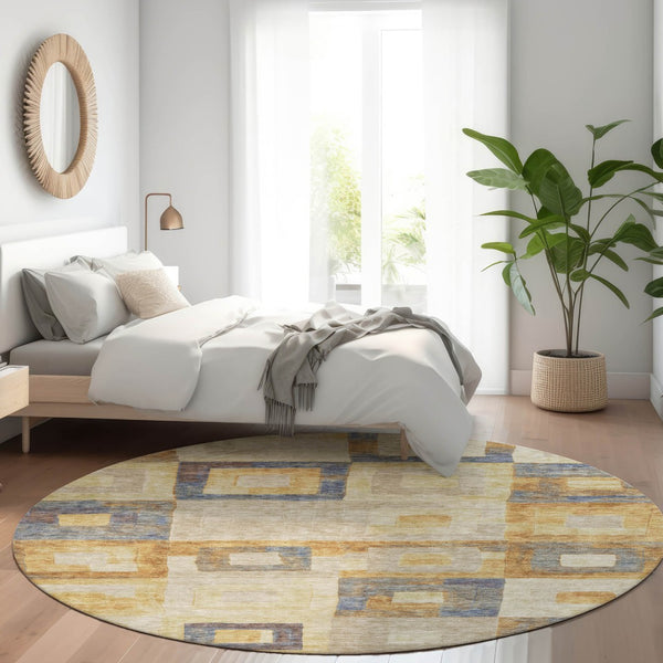 Homeroots 3' Stylish Beige Gold & Denim Blue Geometric Indoor-outdoor Area Rug - Durable, Washable & Versatile 8' Round Polyester 605045