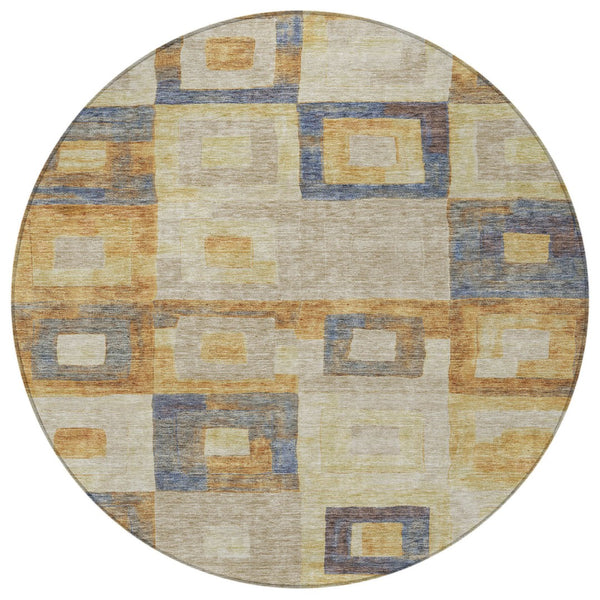 Homeroots 3' Stylish Beige Gold & Denim Blue Geometric Indoor-outdoor Area Rug - Durable, Washable & Versatile 8' Round Polyester 605045