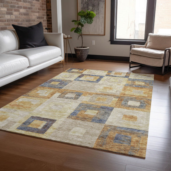 Homeroots 3' Stylish Beige Gold & Denim Blue Geometric Indoor-outdoor Area Rug - Durable, Washable & Versatile 8' X 10' Polyester 605046