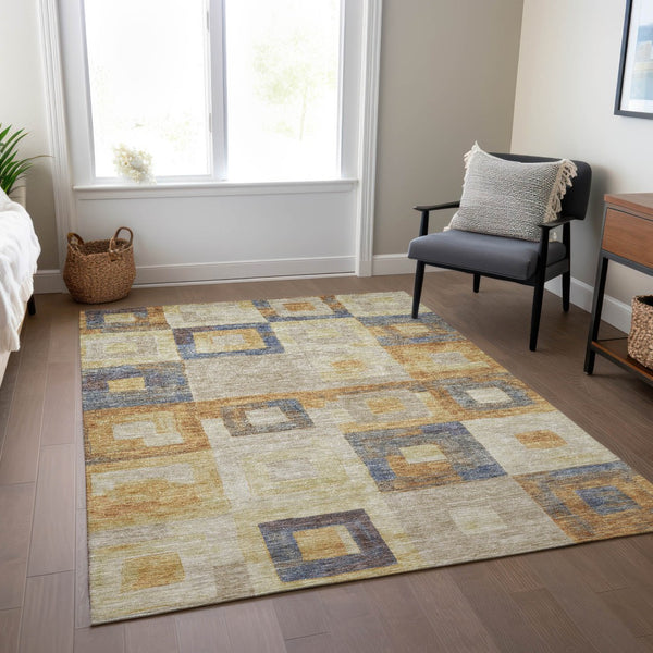 Homeroots 3' Stylish Beige Gold & Denim Blue Geometric Indoor-outdoor Area Rug - Durable, Washable & Versatile 8' X 10' Polyester 605046