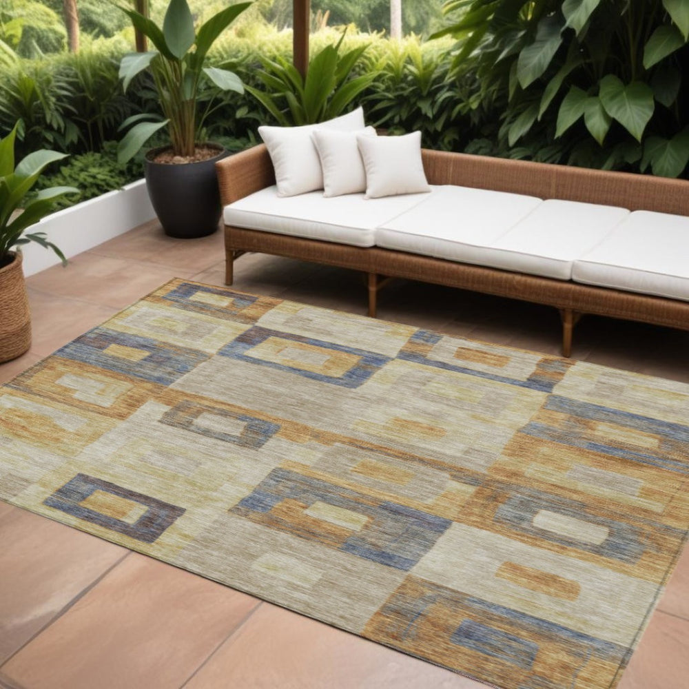 HomeRoots 5' Stylish Linen Blue & Copper Geometric Area Rug – Durable, Washable for Indoor & Outdoor Use 10' X 14' 605048